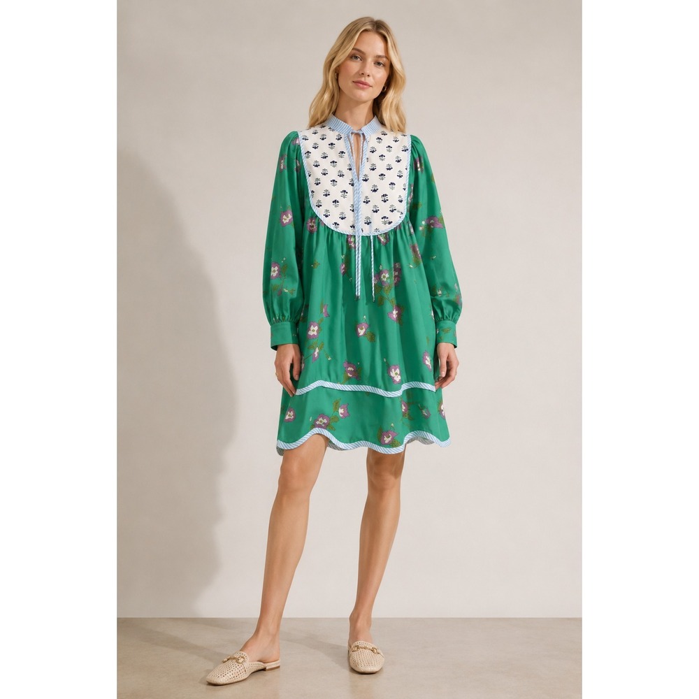 Wenrine Floral Mini Dress Green Contrast Bib Tie Neck‎ Boho Prairie Size S